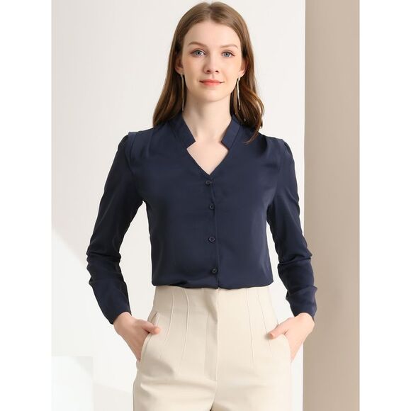 Blouse Button Up Long Sleeve V Neck Chiffon Shirt Navy Blue - Picture 3 of 6